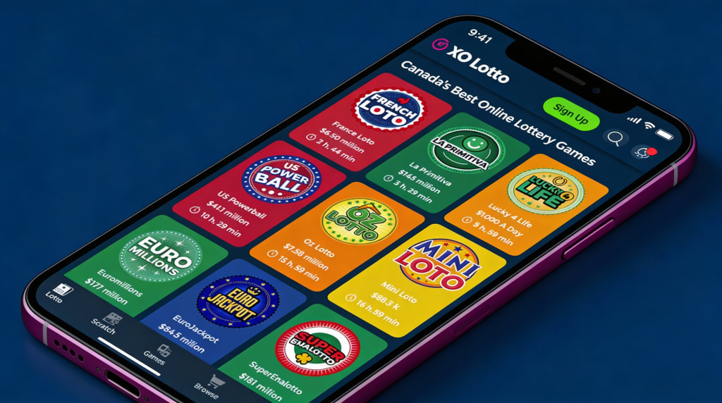 Buy lottery tickets online in Canada — XO Lotto app displaying Powerball, EuroMillions, and international lotteries